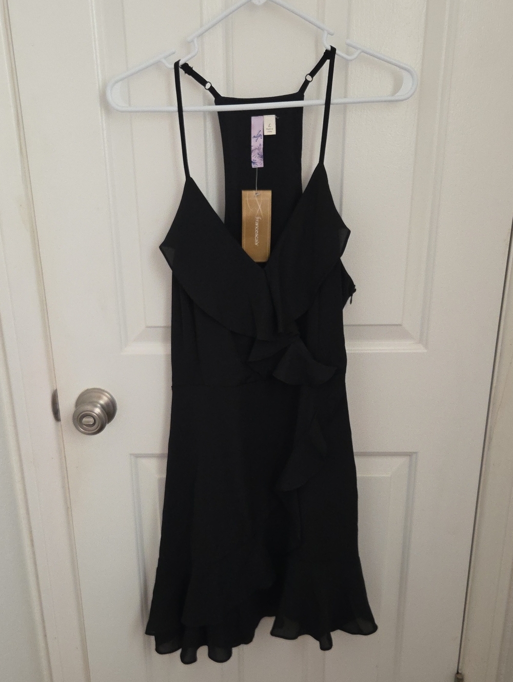 Francesca's Collections Black Ruffle Midi Dress with Spaghetti Straps